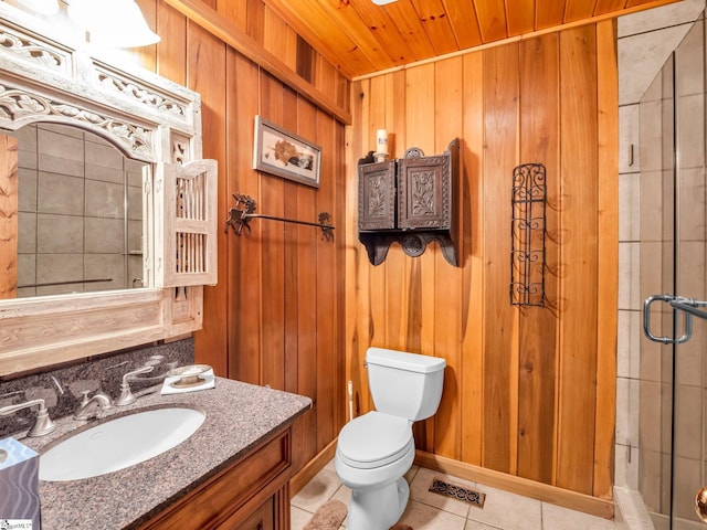 980 Mountain Forest Dr, Union Mills, NC 28167 - bathroom featuring tile patterned flooring, a stall shower, vanity, wood walls, and wood ceiling