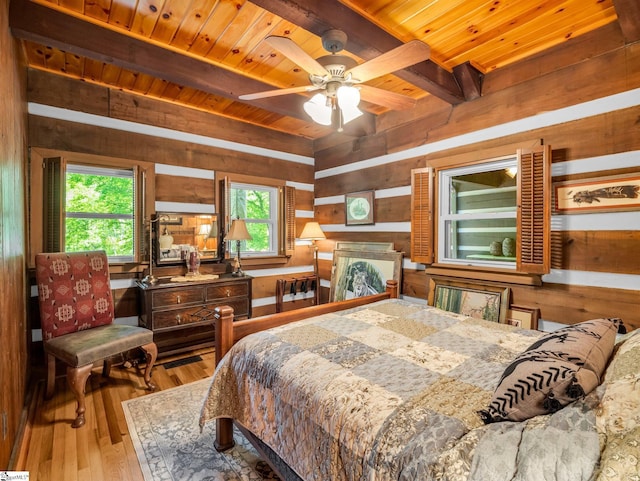 980 Mountain Forest Dr, Union Mills, NC 28167 - bedroom featuring a wooden ceiling with exposed beams, wooden walls, multiple windows, and wood-type flooring