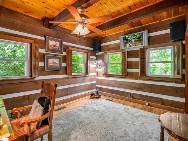 980 Mountain Forest Dr, Union Mills, NC 28167 - sitting room with wooden walls, wood finished floors, a wooden ceiling with exposed beams, and a ceiling fan