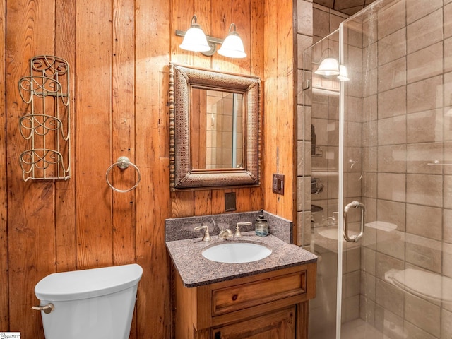 980 Mountain Forest Dr, Union Mills, NC 28167 - bathroom featuring vanity, a stall shower, and wood walls