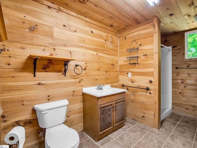 980 Mountain Forest Dr, Union Mills, NC 28167 - full bathroom with a stall shower, vanity, wooden ceiling, tile patterned floors, and wooden walls
