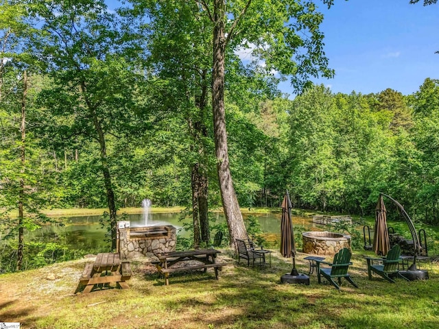 980 Mountain Forest Dr, Union Mills, NC 28167 - view of yard featuring a water view, an outdoor fire pit, and a forest view
