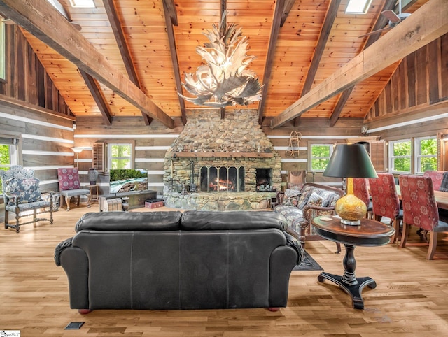 980 Mountain Forest Dr, Union Mills, NC 28167 - living area with wood walls, a chandelier, a fireplace, wood finished floors, and a wood ceiling with exposed beams