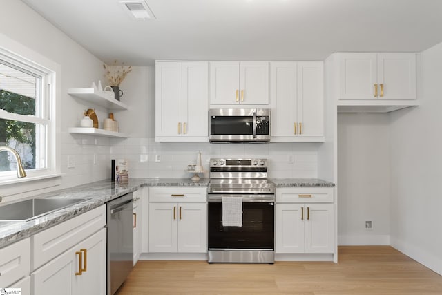 3209 Howland Dr, Anderson, SC 29626 - kitchen featuring appliances with stainless steel finishes, white cabinets, light wood-type flooring, and backsplash