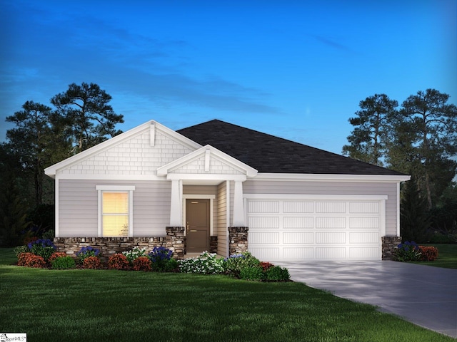 714 Burghley Cir, Greer, SC 29651 - craftsman inspired home featuring stone siding, an attached garage, a front lawn, driveway, and a shingled roof
