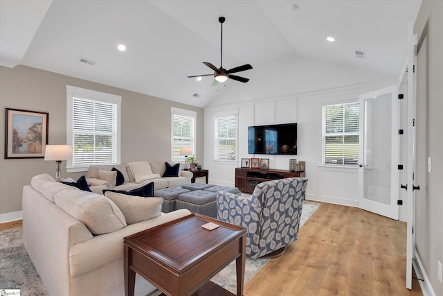 216 Deerview Trl, Simpsonville, SC 29680 - living room featuring light wood-style floors, healthy amount of natural light, vaulted ceiling, ceiling fan, and recessed lighting