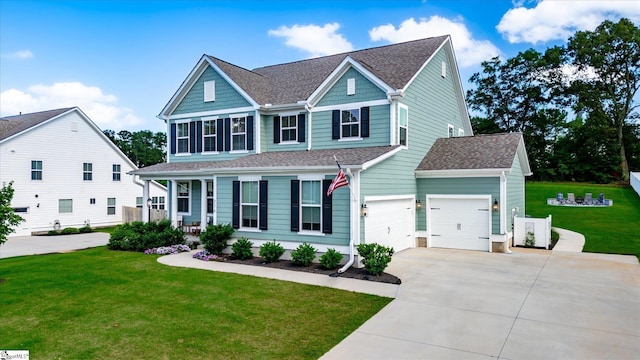 216 Deerview Trl, Simpsonville, SC 29680 - view of front facade with covered porch, concrete driveway, a front lawn, an attached garage, and roof with shingles