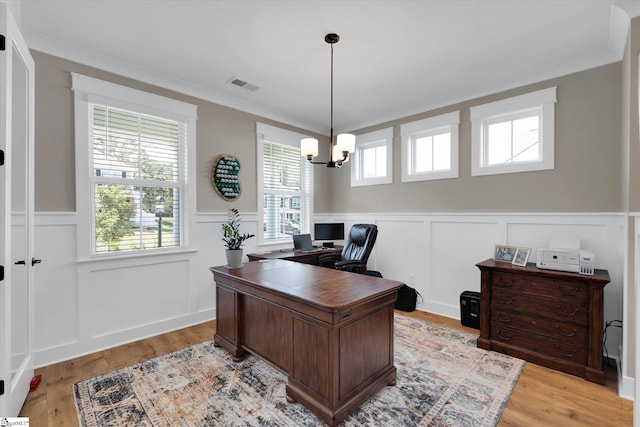 216 Deerview Trl, Simpsonville, SC 29680 - office featuring a decorative wall, a chandelier, a wainscoted wall, ornamental molding, and light wood-style flooring