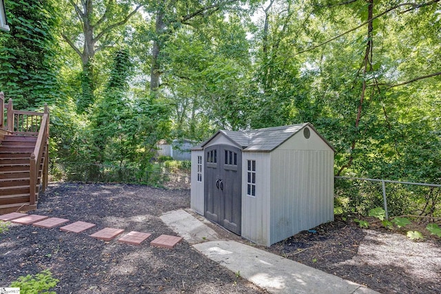 301 Thornwood Dr, Taylors, SC 29687 - view of shed with a fenced backyard and stairs