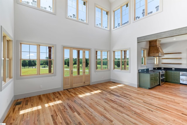 621 Bascule Ridge Ln, Campobello, SC 29322 - unfurnished living room featuring a high ceiling, plenty of natural light, and light wood-style flooring