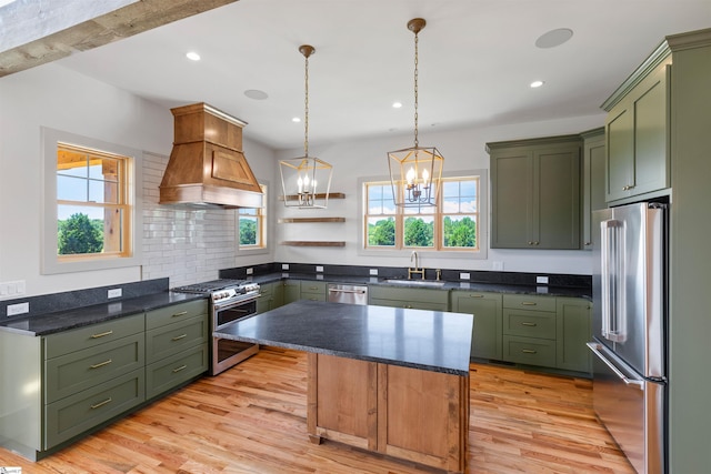 621 Bascule Ridge Ln, Campobello, SC 29322 - kitchen featuring green cabinetry, stainless steel appliances, custom range hood, healthy amount of natural light, and recessed lighting