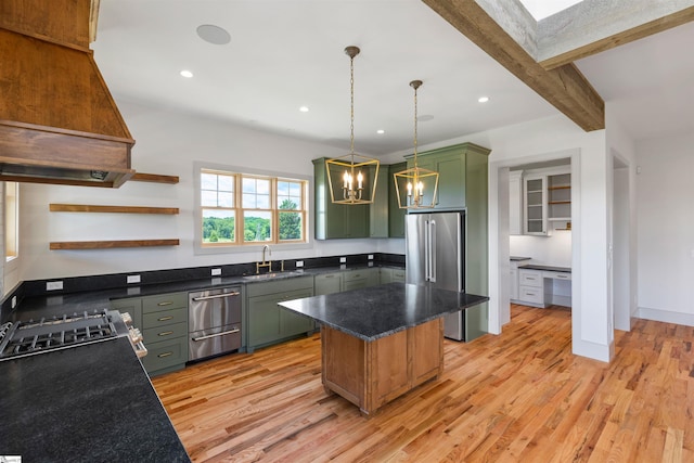 621 Bascule Ridge Ln, Campobello, SC 29322 - kitchen featuring green cabinetry, high end fridge, open shelves, light wood-style flooring, and hanging light fixtures