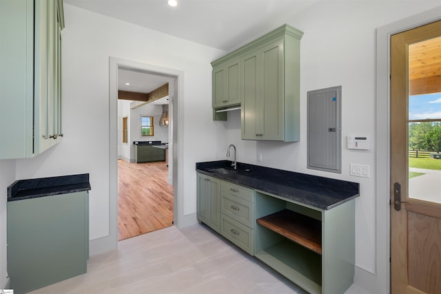 621 Bascule Ridge Ln, Campobello, SC 29322 - kitchen with green cabinetry, electric panel, and recessed lighting