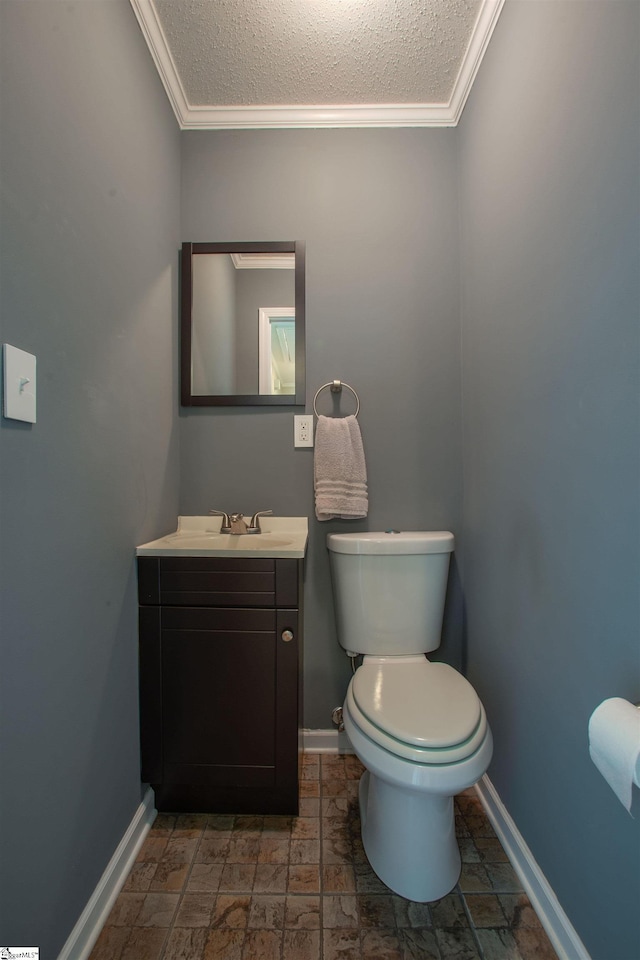 214 Cedar Cir, Easley, SC 29642 - half bathroom with vanity, ornamental molding, and a textured ceiling