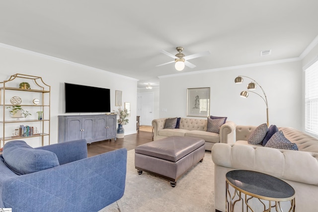 639 Lynndale Ct, Greenville, SC 29617 - living area with ornamental molding, a ceiling fan, and wood finished floors