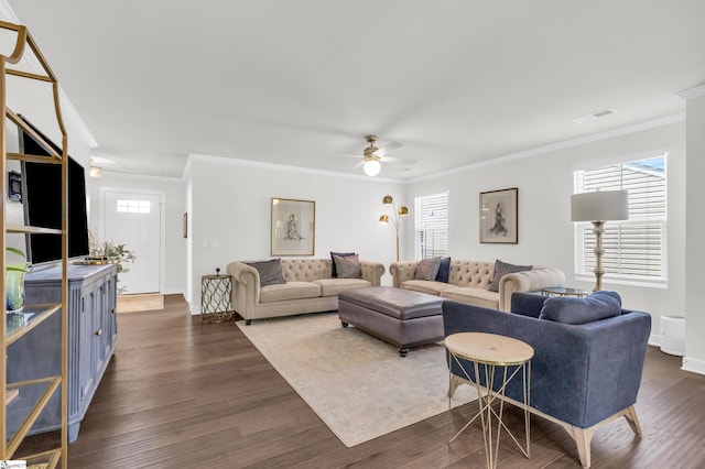 639 Lynndale Ct, Greenville, SC 29617 - living room with crown molding, a ceiling fan, and dark wood finished floors