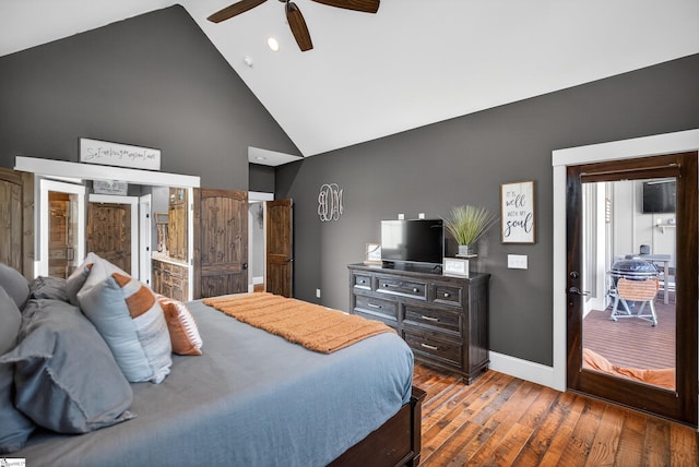 515 Herman Brooks Rd, Belton, SC 29627 - bedroom with high vaulted ceiling, wood finished floors, and ceiling fan