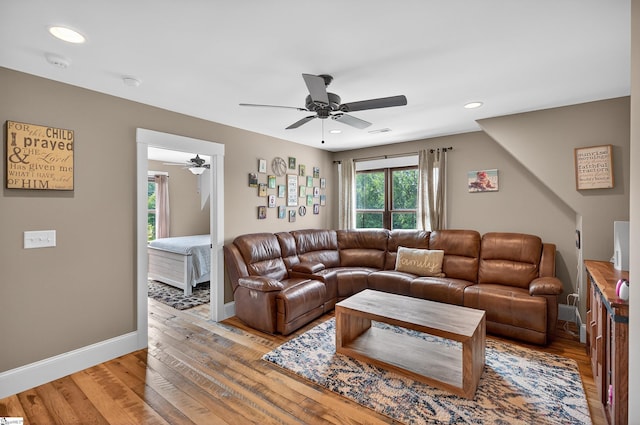 515 Herman Brooks Rd, Belton, SC 29627 - living room featuring ceiling fan, light wood-type flooring, and recessed lighting