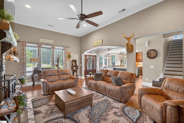 515 Herman Brooks Rd, Belton, SC 29627 - living area featuring wood finished floors, recessed lighting, stairway, a ceiling fan, and ornamental molding