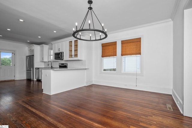521 Anderson St, Greenville, SC 29601 - kitchen featuring stainless steel appliances, a chandelier, glass insert cabinets, ornamental molding, and dark wood-type flooring