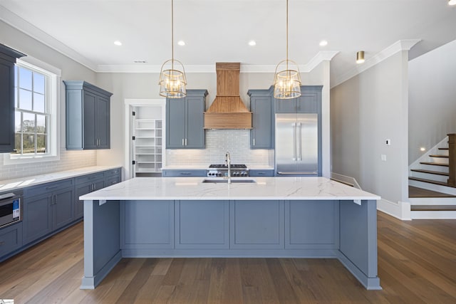 404 Odell St, Greenville, SC 29615 - kitchen with a chandelier, built in refrigerator, custom range hood, decorative backsplash, and crown molding