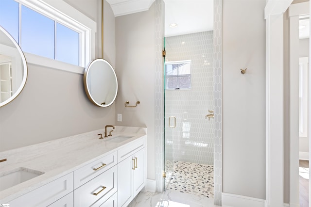 404 Odell St, Greenville, SC 29615 - full bath featuring a stall shower, double vanity, marble finish floors, and recessed lighting