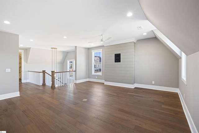 404 Odell St, Greenville, SC 29615 - spare room with dark wood-style floors, electric panel, vaulted ceiling, ceiling fan, and recessed lighting