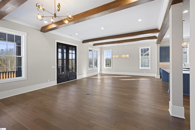 404 Odell St, Greenville, SC 29615 - foyer featuring a chandelier, beam ceiling, healthy amount of natural light, dark wood-style flooring, and recessed lighting