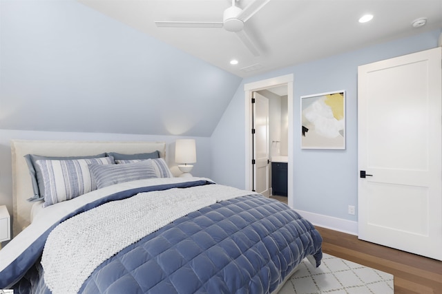 404 Odell St, Greenville, SC 29615 - bedroom with wood finished floors, recessed lighting, a ceiling fan, lofted ceiling, and ensuite bathroom