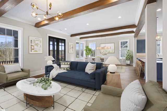 404 Odell St, Greenville, SC 29615 - living area featuring a chandelier, beamed ceiling, healthy amount of natural light, recessed lighting, and light wood-type flooring