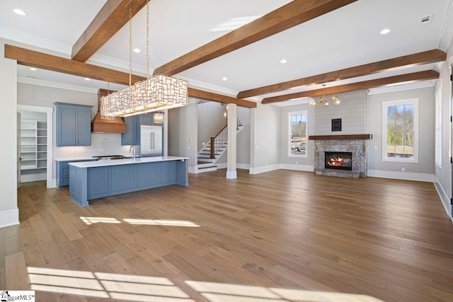 404 Odell St, Greenville, SC 29615 - kitchen featuring blue cabinetry, light countertops, beam ceiling, plenty of natural light, and open floor plan