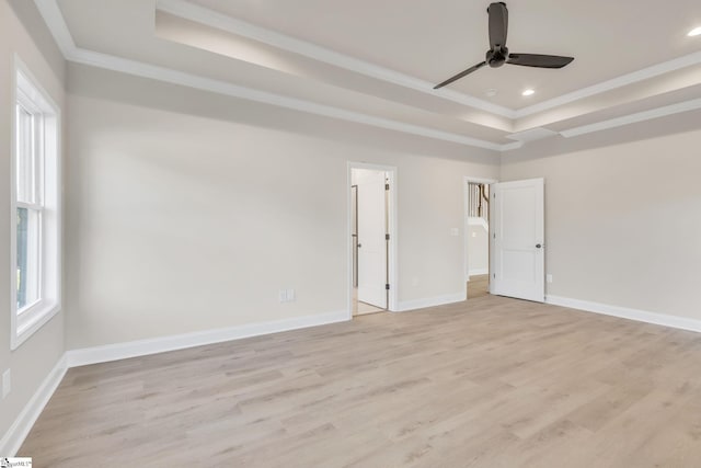 140 Mimosa Rd Lot 27, Inman, SC 29349 - unfurnished bedroom with a tray ceiling, crown molding, light wood finished floors, recessed lighting, and ceiling fan