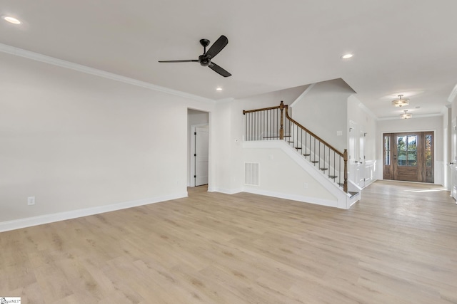 140 Mimosa Rd Lot 27, Inman, SC 29349 - unfurnished living room with stairs, ornamental molding, light wood-style flooring, a ceiling fan, and recessed lighting