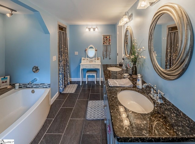 849 Harvey Rd, Greer, SC 29651 - full bath with double vanity, a garden tub, tile patterned floors, and a shower with shower curtain