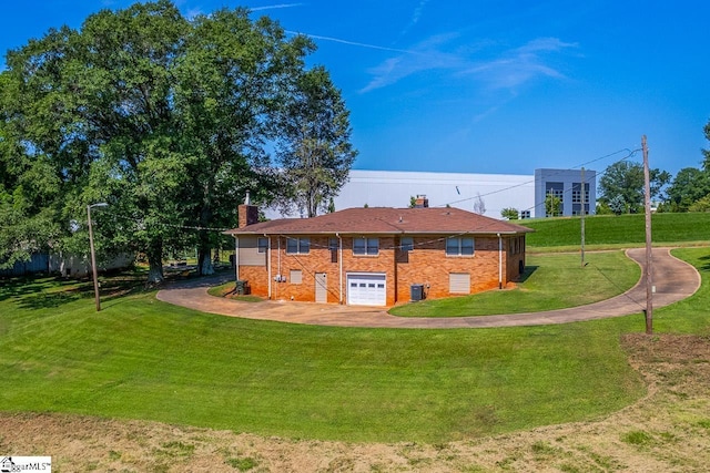 849 Harvey Rd, Greer, SC 29651 - back of property with a chimney, brick siding, a yard, and an attached garage