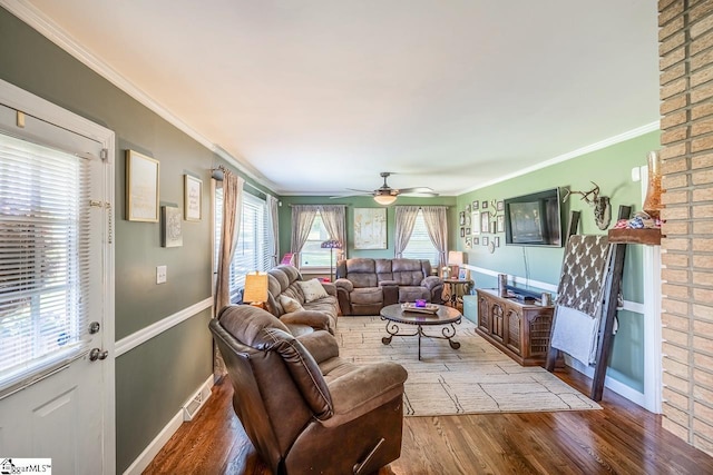 849 Harvey Rd, Greer, SC 29651 - living area with wood finished floors, ornamental molding, and a ceiling fan
