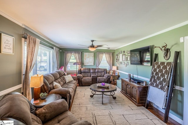 849 Harvey Rd, Greer, SC 29651 - living area with ornamental molding, ceiling fan, and wood finished floors