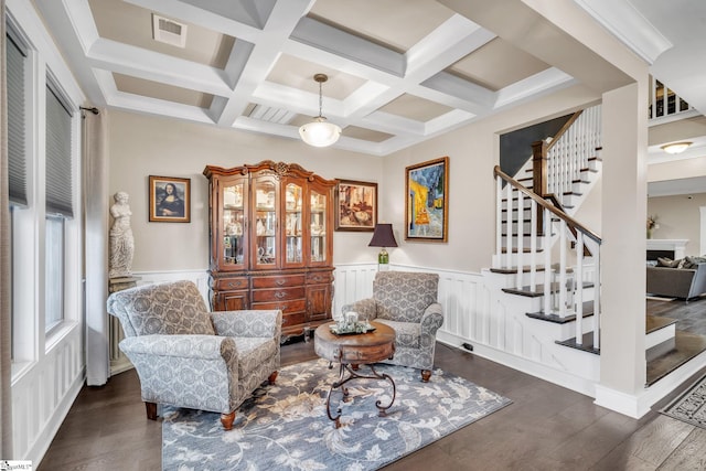 101 Mares Head Pl, Taylors, SC 29687 - living area with coffered ceiling, dark wood-style flooring, stairs, beam ceiling, and wainscoting