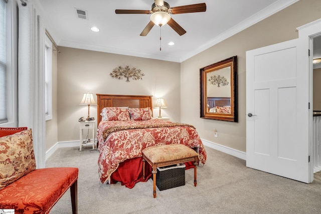 101 Mares Head Pl, Taylors, SC 29687 - bedroom with light colored carpet, crown molding, recessed lighting, and a ceiling fan