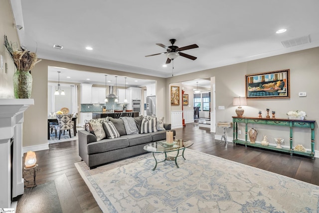 101 Mares Head Pl, Taylors, SC 29687 - living area featuring a ceiling fan, dark wood finished floors, and recessed lighting