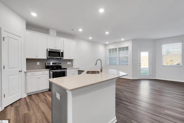 292 E Compass Way, Easley, SC 29640 - kitchen featuring stainless steel appliances, dark wood-type flooring, a kitchen island with sink, light countertops, and backsplash