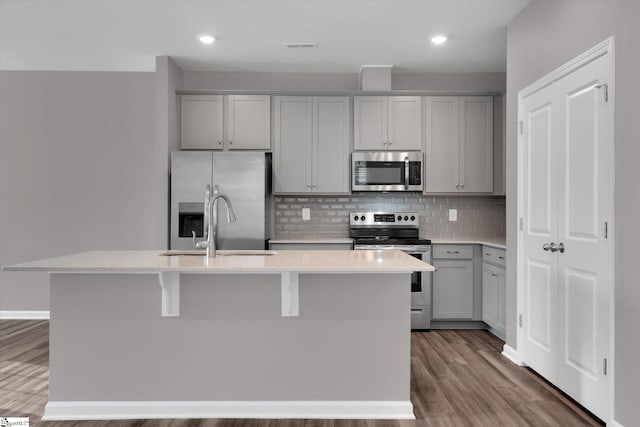 291 E Compass Way, Easley, SC 29640 - kitchen featuring stainless steel appliances, gray cabinets, an island with sink, light countertops, and backsplash