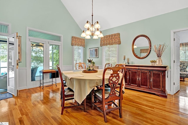 224 Seabright Cir, Cross Hill, SC 29332 - dining space featuring light wood finished floors, wainscoting, high vaulted ceiling, and a chandelier