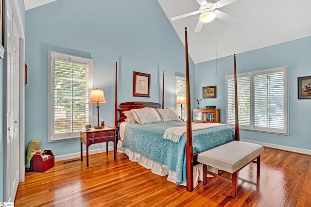 224 Seabright Cir, Cross Hill, SC 29332 - bedroom featuring high vaulted ceiling, wood finished floors, and a ceiling fan