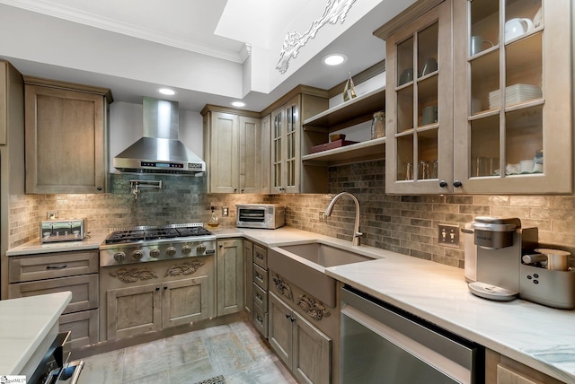 24 Lighthouse Way Dr, Salem, SC 29676 - kitchen with wall chimney range hood, appliances with stainless steel finishes, crown molding, backsplash, and glass insert cabinets