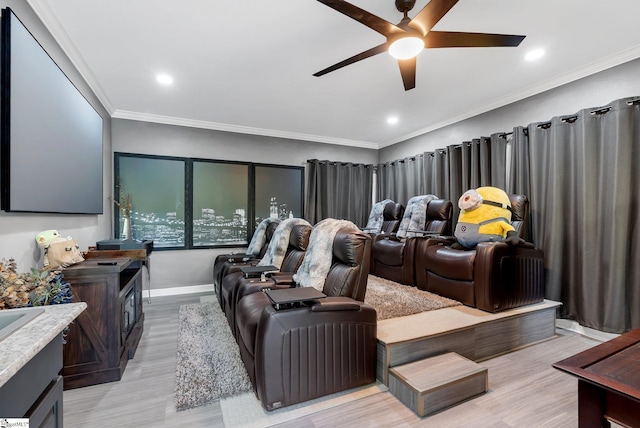24 Lighthouse Way Dr, Salem, SC 29676 - cinema featuring a ceiling fan, crown molding, light wood finished floors, and recessed lighting