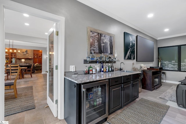 24 Lighthouse Way Dr, Salem, SC 29676 - indoor wet bar featuring wine cooler, ornamental molding, and recessed lighting