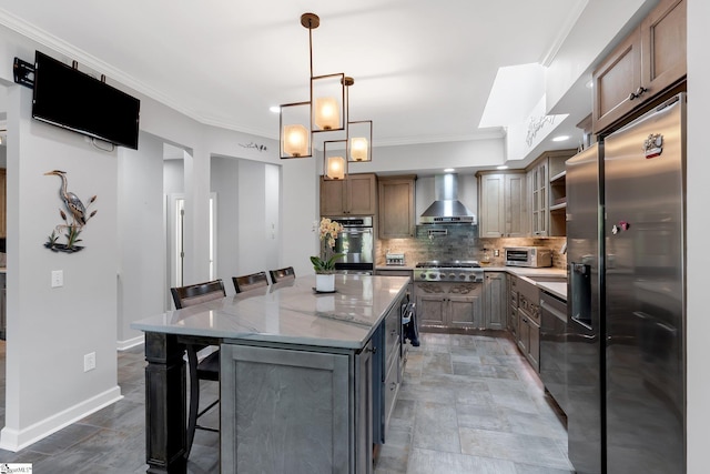 24 Lighthouse Way Dr, Salem, SC 29676 - kitchen featuring stainless steel appliances, wall chimney exhaust hood, tasteful backsplash, a kitchen breakfast bar, and open shelves
