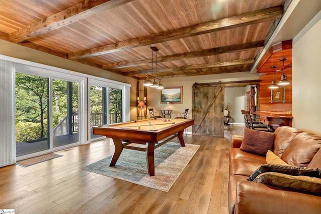 24 Lighthouse Way Dr, Salem, SC 29676 - playroom with a barn door, billiards, hardwood / wood-style floors, and a wood ceiling with exposed beams