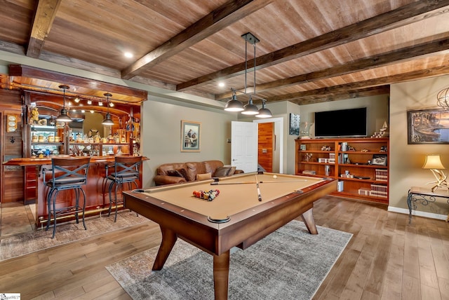 24 Lighthouse Way Dr, Salem, SC 29676 - recreation room featuring a wooden ceiling with exposed beams, billiards, bar, and hardwood / wood-style floors